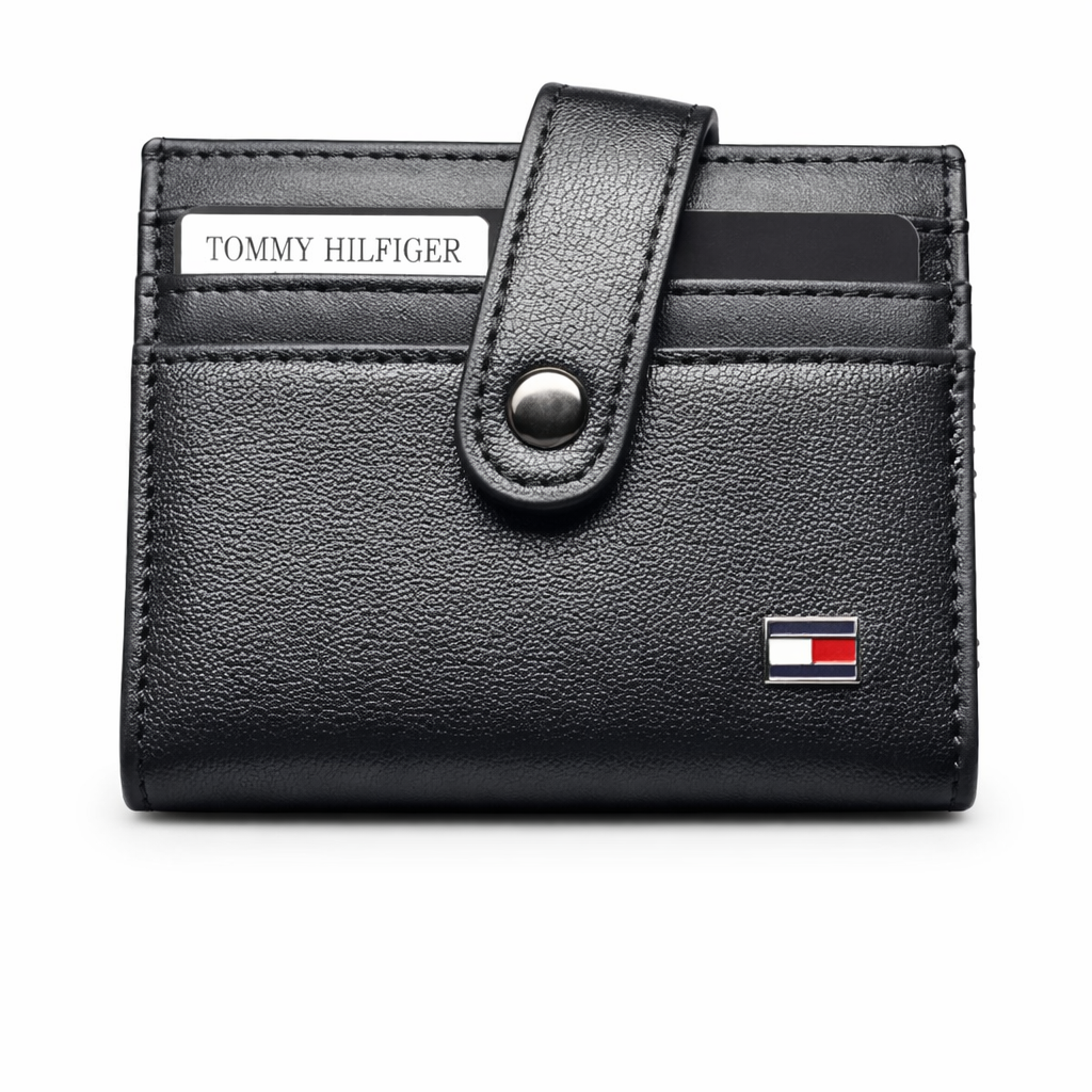 Tommy Hilfiger Men’s Pebbled Leather Card Wallet with Snap Closure – Black